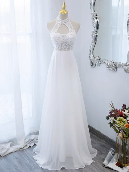 Blaues Neckholder-A-Linien-Chiffon-Ballkleid J3188