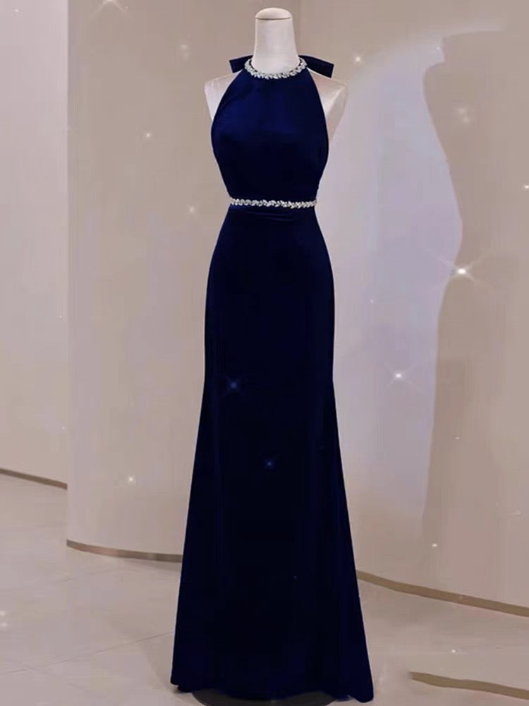 Robe de soirée longue sirène bleu marine élégante J3192