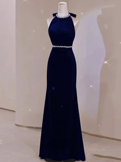 Robe de soirée longue sirène bleu marine élégante J3192
