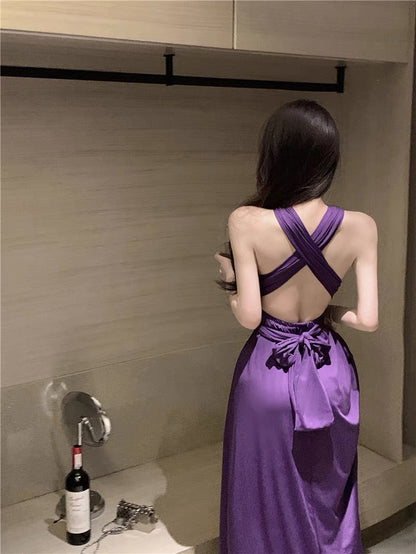 Robe de bal longue violette à col en V et coupe trapèze J3193