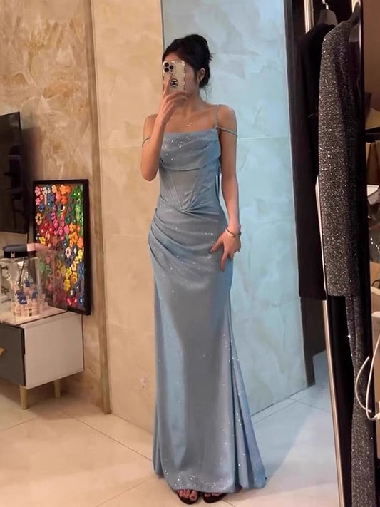 Blue Sheath Long Prom Dress Shiny Evening Dress J3196