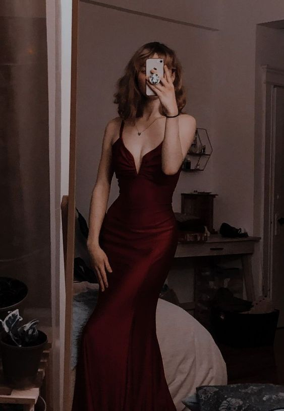 V Neck Burgundy Long Prom Dress Mermaid Evening Party Dress J3208