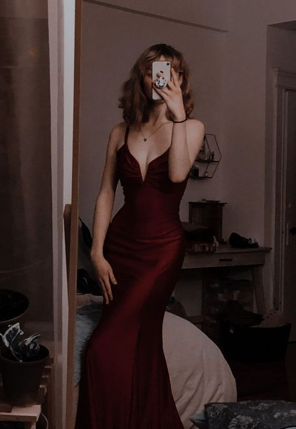 Robe de soirée sirène bordeaux à col en V et longue robe de bal J3208