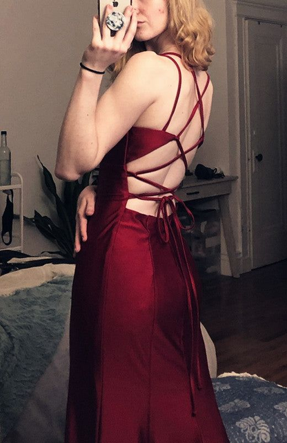 Robe de soirée sirène bordeaux à col en V et longue robe de bal J3208