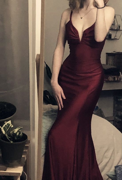 Robe de soirée sirène bordeaux à col en V et longue robe de bal J3208