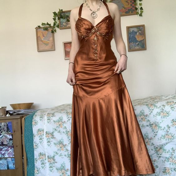 Halter A Line Satin Long Prom Dress Vintage Formal Party Dress J3214