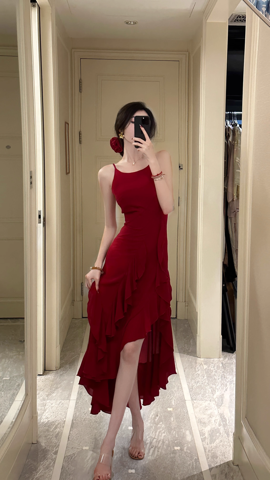 A Line Burgundy Ruffle Long Prom Dress  J3217