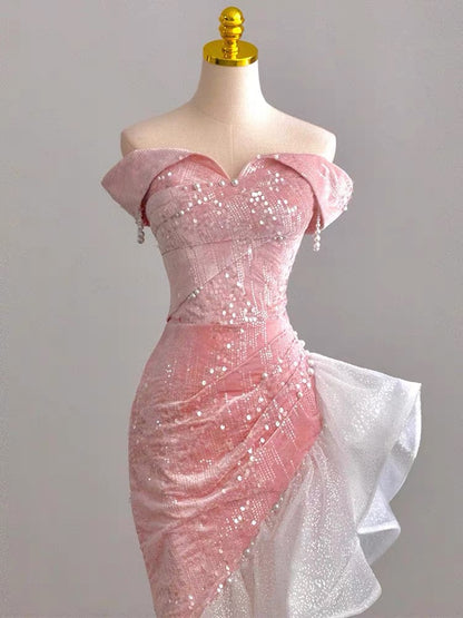 Robe de bal sirène rose à volants et épaules dénudées J3221