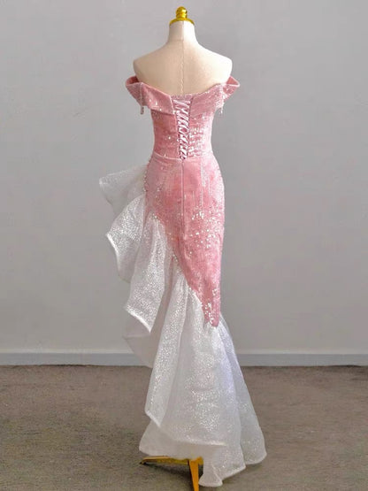 Robe de bal sirène rose à volants et épaules dénudées J3221