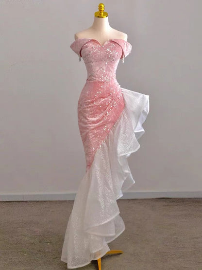 Robe de bal sirène rose à volants et épaules dénudées J3221