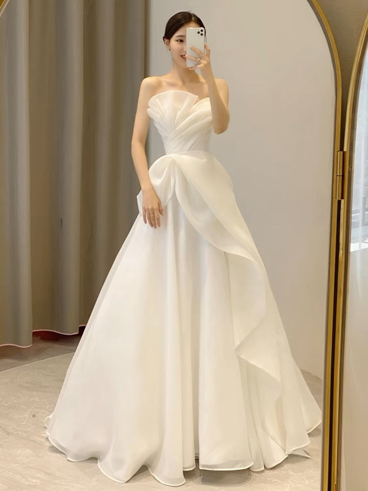 Strapless A Line White Chiffon Wedding Dress  J3226