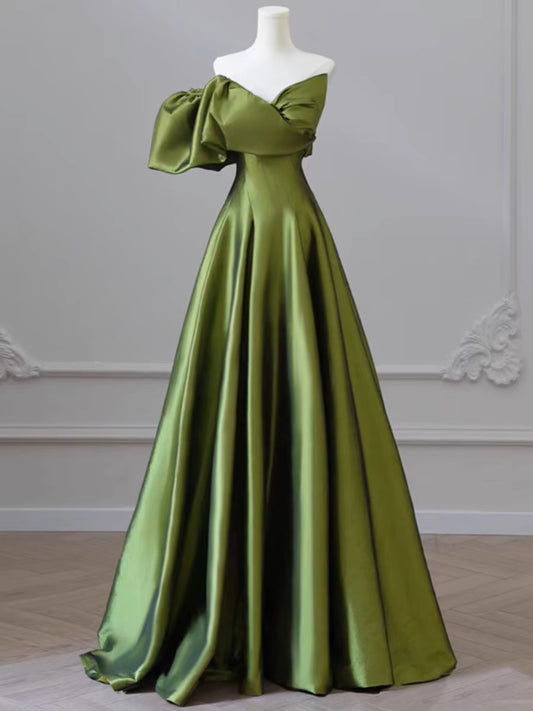 Green Satin A Line Birthday Party Dress Long Prom Dress  J3227