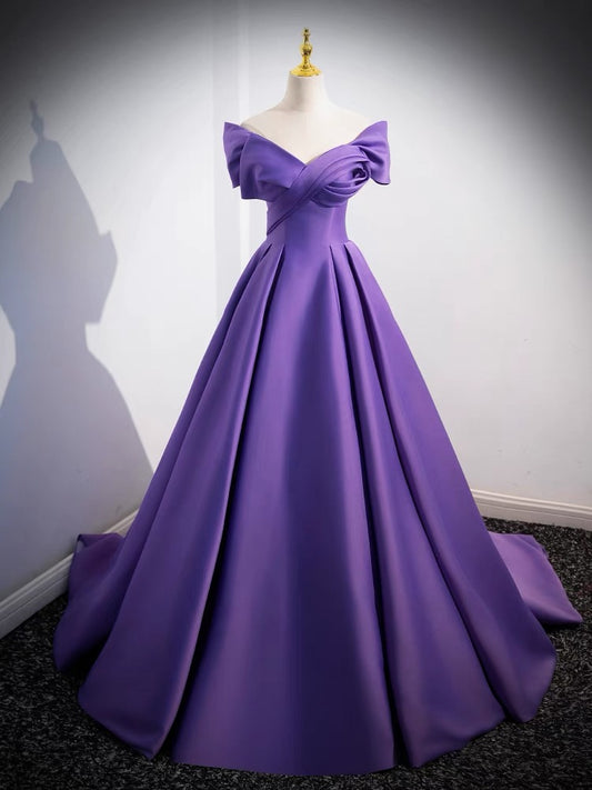 Off The Shoulder Purple Satin A Line Long Prom Dress J3230