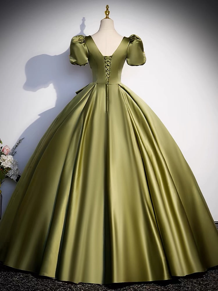 Short Sleeves A Line Green Satin Long Prom Dress  J3231