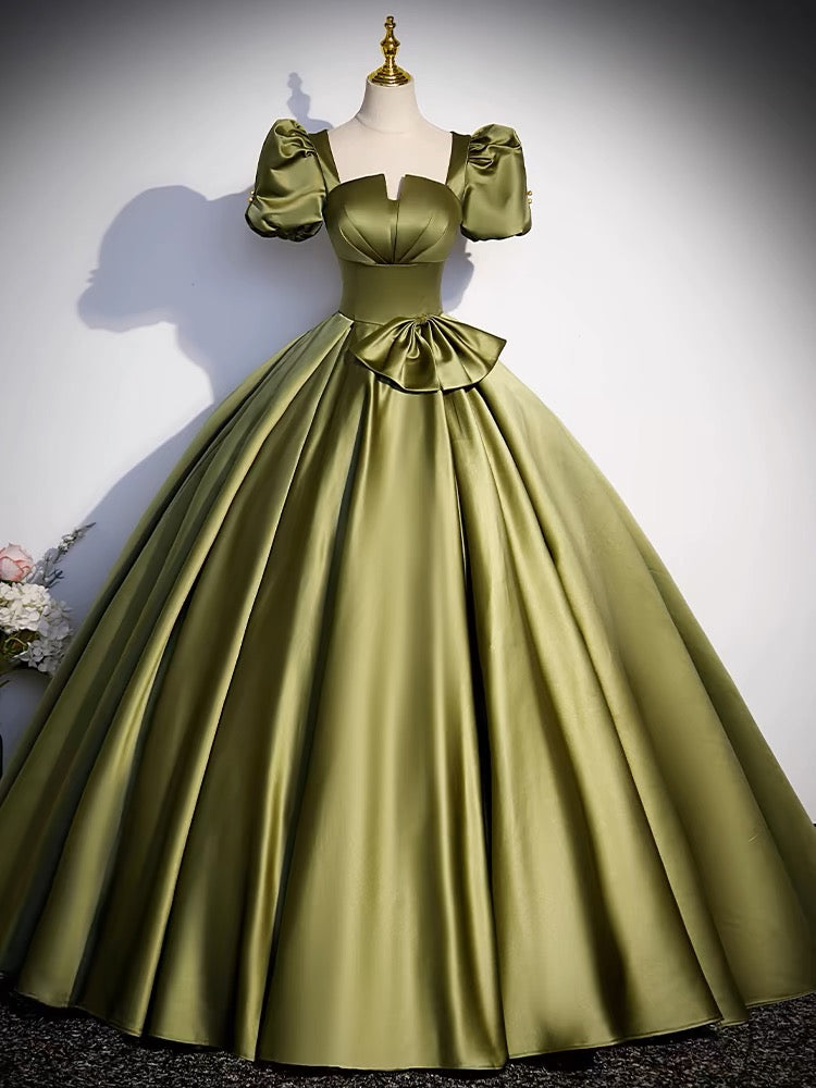 Short Sleeves A Line Green Satin Long Prom Dress  J3231