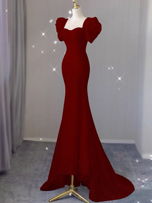 Short Sleeves Red Mermaid Long Prom Dress Formal Party Dress  J3232