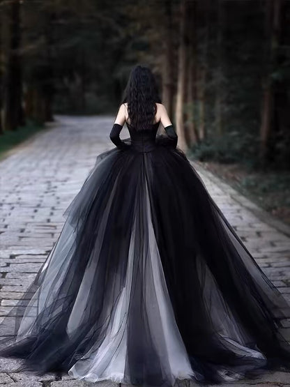 Trägerloses A-Linien-Tüll-Ballkleid in Schwarz, Geburtstagspartykleid J3233