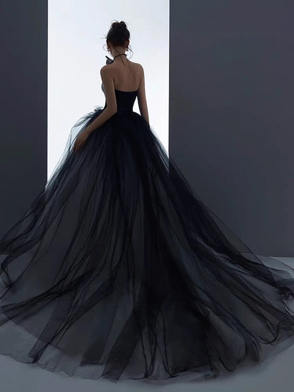 Trägerloses A-Linien-Tüll-Ballkleid in Schwarz, Geburtstagspartykleid J3233