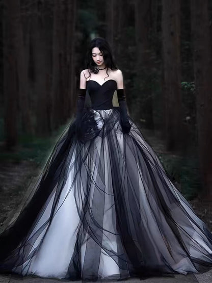 Trägerloses A-Linien-Tüll-Ballkleid in Schwarz, Geburtstagspartykleid J3233