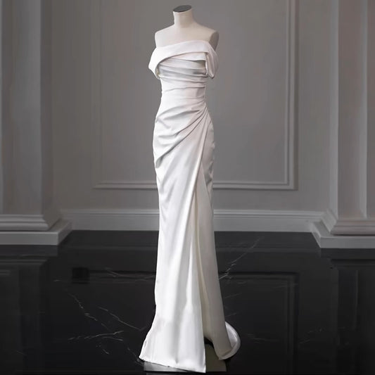 Off The Shoulder White Sheath Wedding Dress Long Prom Dress J3236