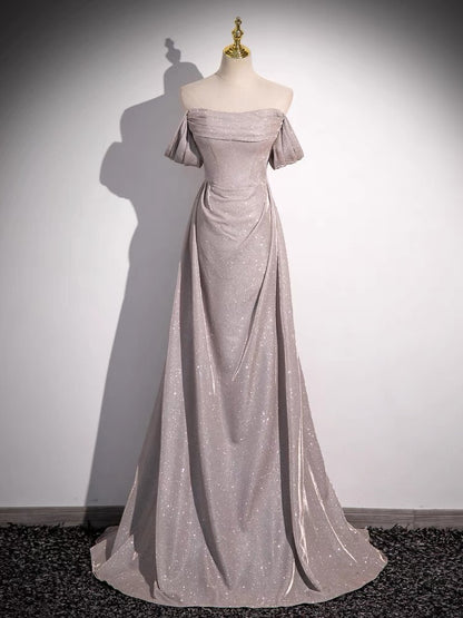 Schulterfreies, langes, glänzendes A-Linien-Ballkleid J3237