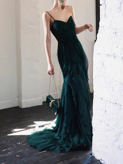 Dark Green Mermaid Ruffle Chiffon Long Prom Dress J3239