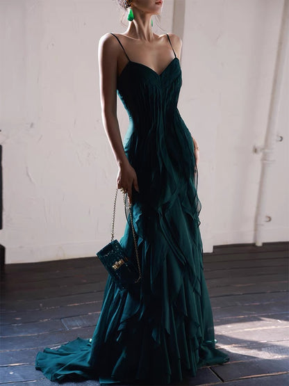 Dark Green Mermaid Ruffle Chiffon Long Prom Dress J3239