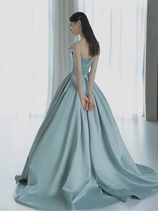 A Line Blue Satin Long Prom Dress Formal Party Dress J3242