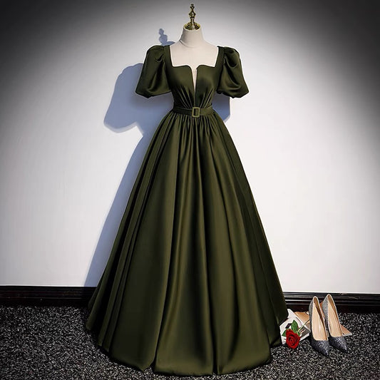 Dark Green Satin A Line Long Prom Dress Birthday Party Dress J3244