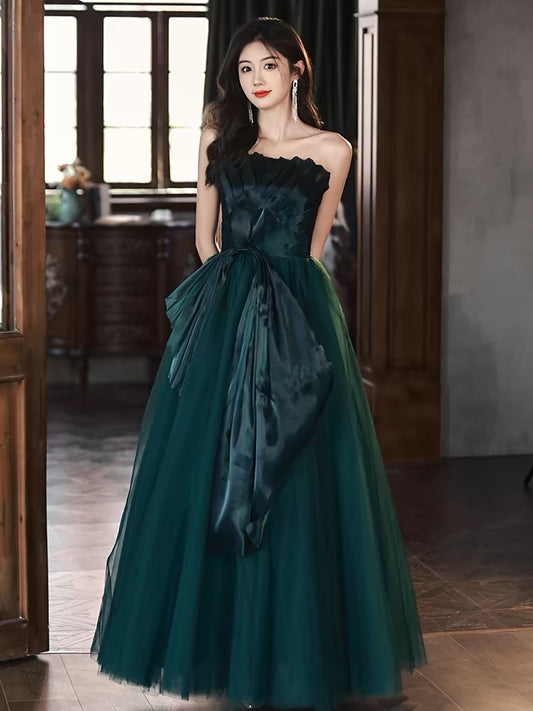 Strapless Green Satin A Line Long Prom Dress Birthday Party Dress J3245