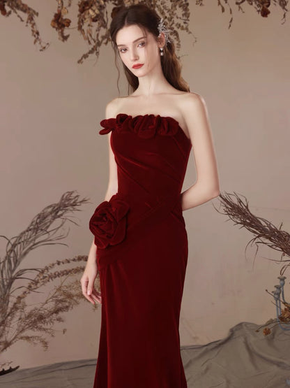 Robe de soirée sirène bordeaux sans bretelles, longue, J3253