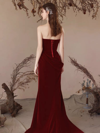 Robe de soirée sirène bordeaux sans bretelles, longue, J3253