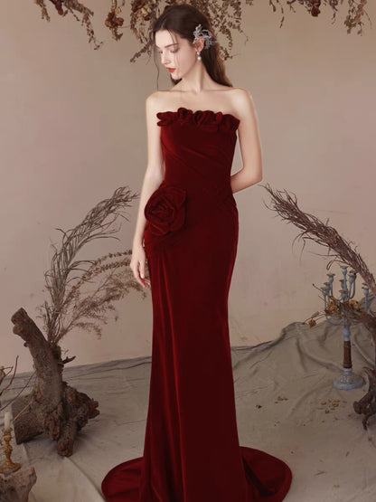 Robe de soirée sirène bordeaux sans bretelles, longue, J3253
