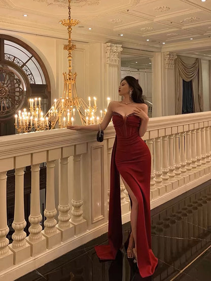 Robe de bal longue fourreau rouge à décolleté en cœur avec fente et robe de soirée formelle J3254