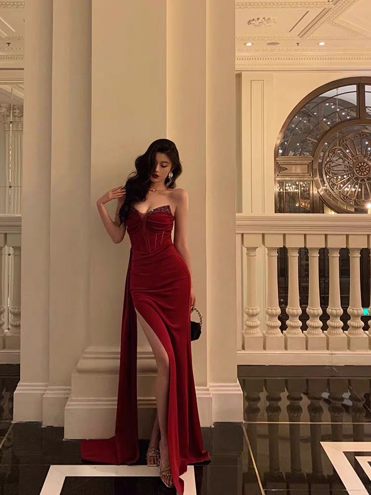 Sweetheart Red Sheath Long Prom Dress With Slit Formal Party Dress J3254