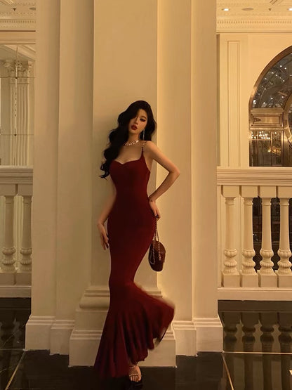 Robe de bal longue sirène bordeaux, robe de soirée formelle J3255