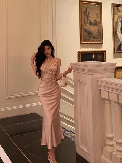 Robe de bal longue en satin rose style sirène, tenue de soirée formelle J3270