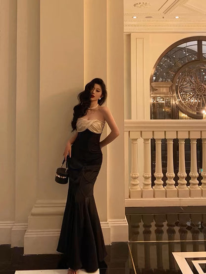 Robe de bal longue noire style sirène sans bretelles, tenue de soirée formelle J3273