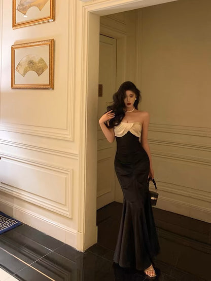Robe de bal longue noire style sirène sans bretelles, tenue de soirée formelle J3273