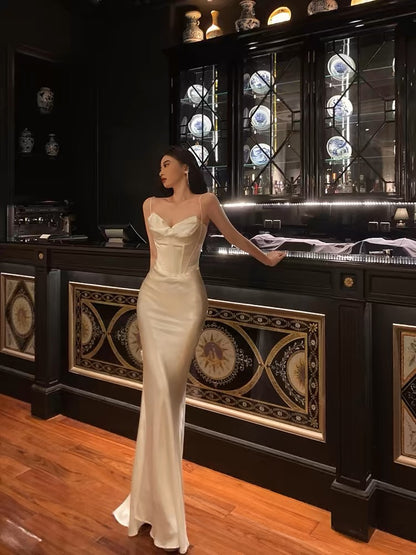 Robe de bal longue en satin ivoire, robe de soirée formelle J3275