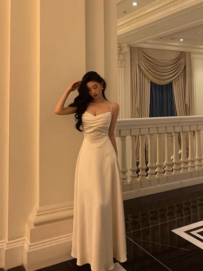 Elegant White A Line Satin Prom Dress Simple Wedding Dress J3278