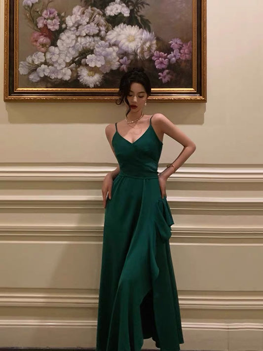 V Neck Green A Line Prom Dress Evening Party Dress With Slit J3292