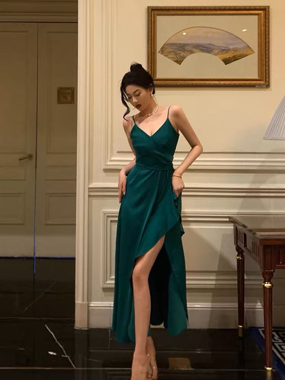 V-Ausschnitt Grün A-Linie Ballkleid Abendkleid Partykleid mit Schlitz J3292