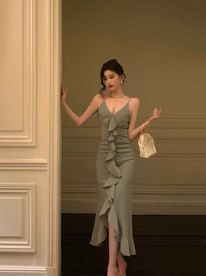 V-Ausschnitt Meerjungfrau Rüschen Ballkleid Abend Partykleid J3299