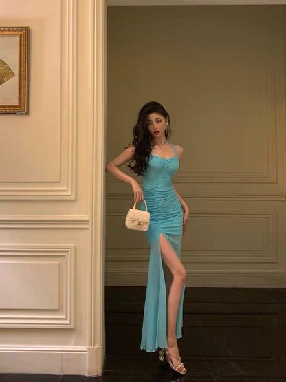 Robe de soirée fourreau longue bleue avec fente J3306