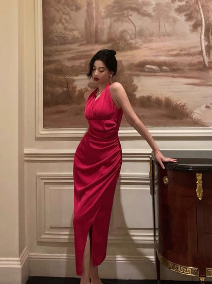 Robe de soirée fourreau en satin rose vif J3308