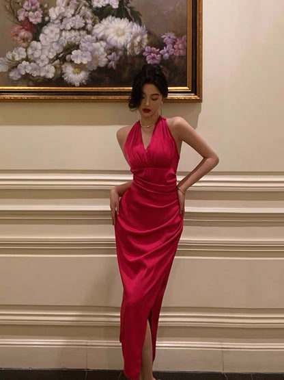 Robe de soirée fourreau en satin rose vif J3308
