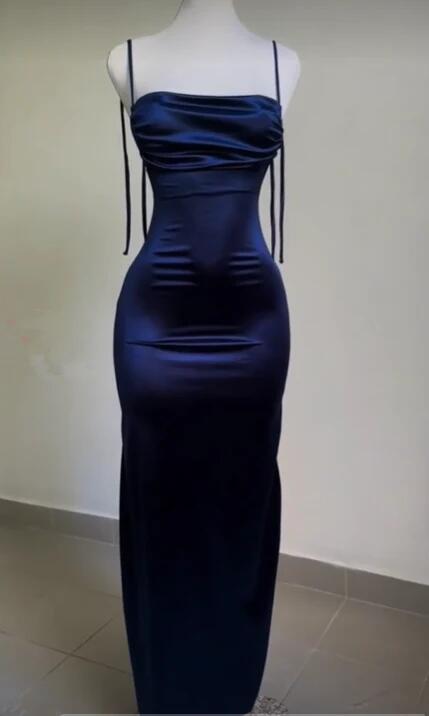 Navy Blue Sheath Long Prom Dress Backless Evening Party Dress J3315