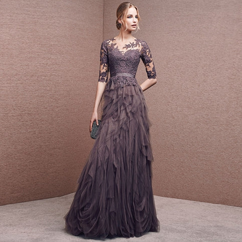 Elegant Lace Sleeves A Line Long Prom Dress Formal Evening Party Gown J3322