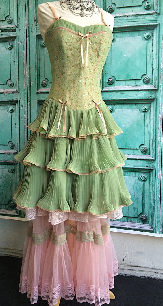 A Line Green Layered Long Prom Dress Lace Formal Party Dress J3323